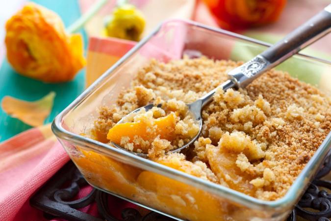 Glass Pan full of Fresh Peach Cobbler
