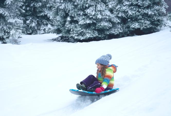 Little Girl Sledding Down in the Snow