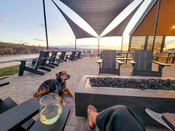 Person and Dog Sitting on Patio Outside of Camp Eddy